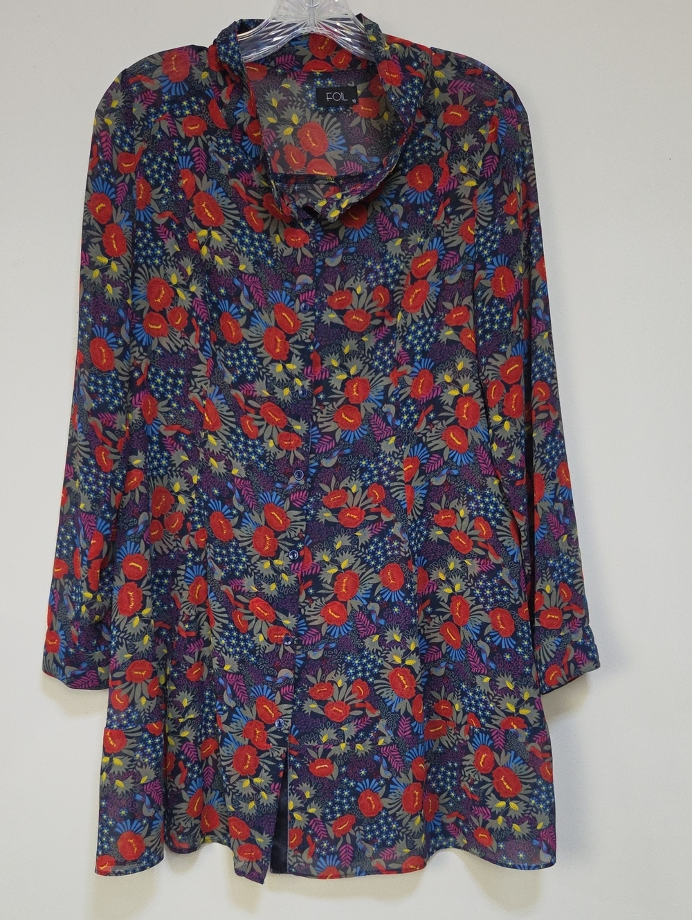 FOlL Orange & Navy Floral Long-Sleeve Tunic Sheer Blouse